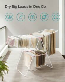 SONGMICS Giá phơi quần áo, Có kẹp tất, Giá phơi đồ bằng kim loại, Có thể gấp lại, Tiết kiệm không gian, Giá phơi đồ đứng độc lập, Có cánh chim mòng biển có thể điều chỉnh độ cao, Sử dụng trong nhà và ngoài trời, Kích thước 23,8"D X 58,3"W X 39,4"H, Xám, Trắng và Hồng, Trắng và Xanh lá, Đen, Trắng, Mùa xuân, Tối giản, Áo mùa hè - Hồng - Xem 3