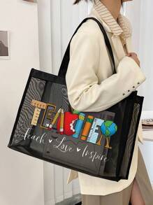 Bolsa del Día del Maestro, resistente al agua, bolsa de playa gráfica portátil de gran capacidad con malla, bolsa de tote, para adolescentes, mujeres, estudiantes universitarios, trabajadores de cuello blanco, un regalo perfecto, ideal para la escuela, al aire libre, viajes, salidas, regalo para maestros. De gran capacidad, ligera, portátil, adecuada para adolescentes, mujeres, estudiantes universitarios. Perfecta para volver a la escuela, universidad, escuela intermedia, escuela secundaria. Mejor regalo de Navidad, Acción de Gracias para maestros, Mejores regalos para maestros en Navidad - Negro - Ver 3