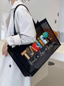 Bolsa del Día del Maestro, resistente al agua, bolsa de playa gráfica portátil de gran capacidad con malla, bolsa de tote, para adolescentes, mujeres, estudiantes universitarios, trabajadores de cuello blanco, un regalo perfecto, ideal para la escuela, al aire libre, viajes, salidas, regalo para maestros. De gran capacidad, ligera, portátil, adecuada para adolescentes, mujeres, estudiantes universitarios. Perfecta para volver a la escuela, universidad, escuela intermedia, escuela secundaria. Mejor regalo de Navidad, Acción de Gracias para maestros, Mejores regalos para maestros en Navidad - Negro - Ver 1
