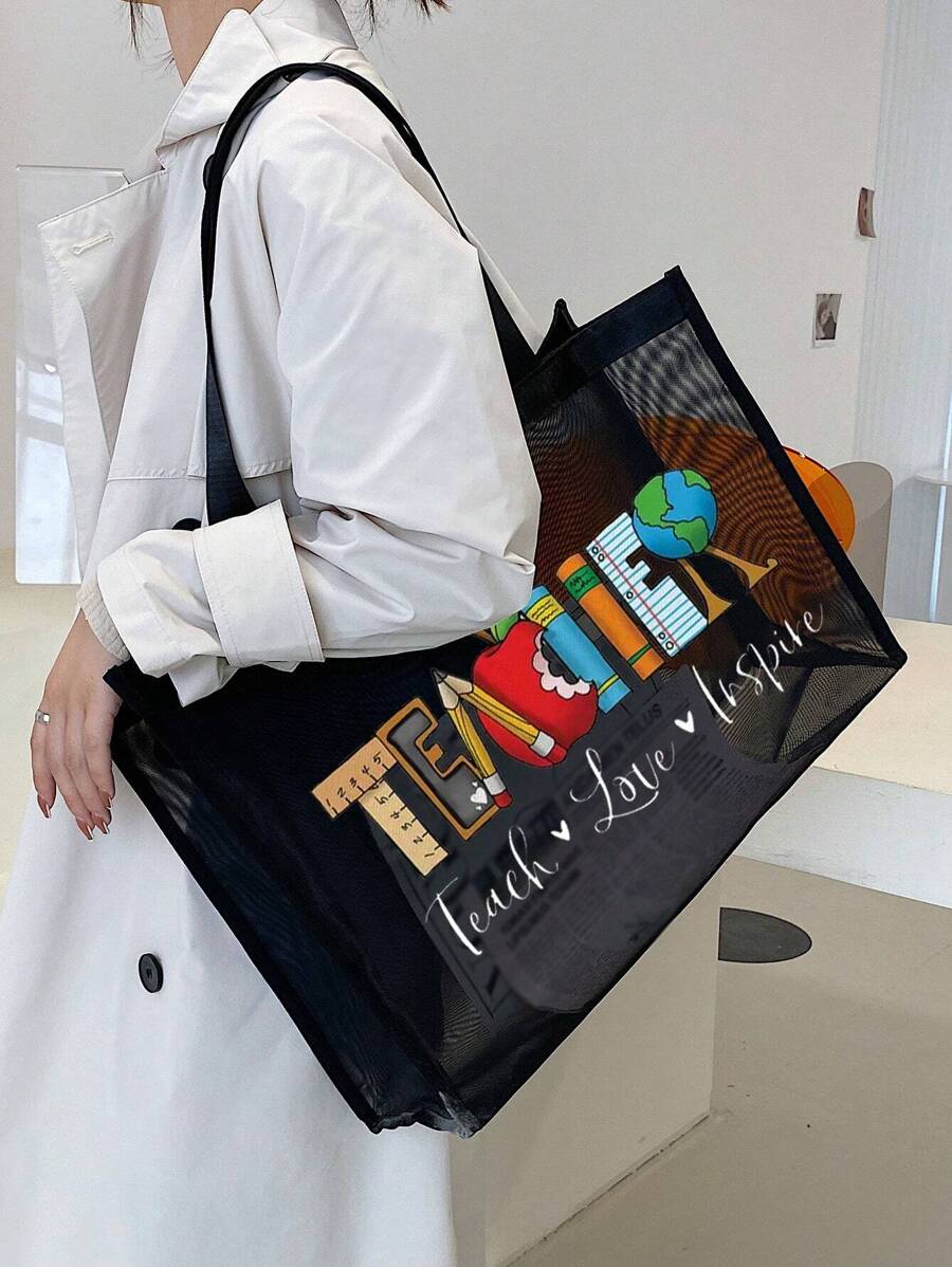 Bolsa del Día del Maestro, resistente al agua, bolsa de playa gráfica portátil de gran capacidad con malla, bolsa de tote, para adolescentes, mujeres, estudiantes universitarios, trabajadores de cuello blanco, un regalo perfecto, ideal para la escuela, al aire libre, viajes, salidas, regalo para maestros. De gran capacidad, ligera, portátil, adecuada para adolescentes, mujeres, estudiantes universitarios. Perfecta para volver a la escuela, universidad, escuela intermedia, escuela secundaria. Mejor regalo de Navidad, Acción de Gracias para maestros, Mejores regalos para maestros en Navidad - Negro - Ver 1