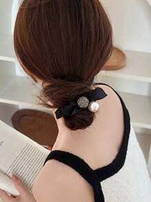 2个装女士黑色蝴蝶结发圈，时尚仿珍珠弹力发圈，日常佩戴，优雅马尾辫发圈，发绳，发饰，头饰 - 黑與白 - 查看 5