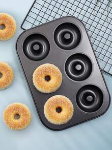 1pc 6-connected Donut Pan, Carbon Steel 6-compartment Mini Cake Pan Black, Baking Tool Suitable For All Seasons - Black - View 1