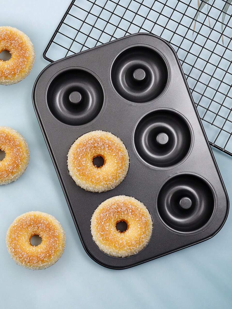 1pc 6-connected Donut Pan, Carbon Steel 6-compartment Mini Cake Pan Black, Baking Tool Suitable For All Seasons - Black - View 1
