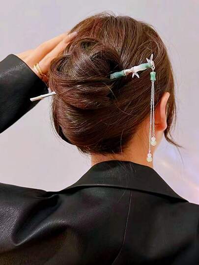 1pc Chinese Style Bamboo Hair Clip With Tassel & Gourd