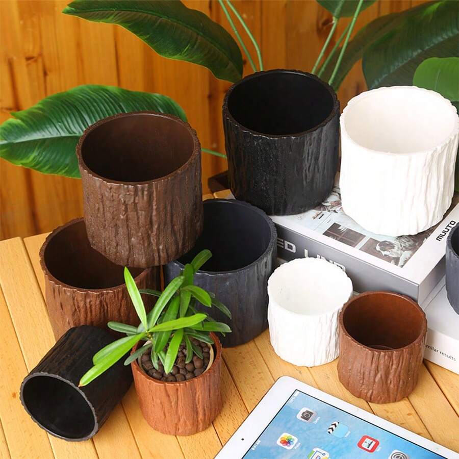 1入組小型pp圓形仿木花盆,4色隨機發貨,2種尺寸可選,適用於多肉植物種植和桌面儲物 - 隨機顏色 - 查看 1