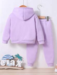 Young Girl Letter Printed Hooded Sweatshirt And Sports Pants, Keep Warm - Purple - View 2
