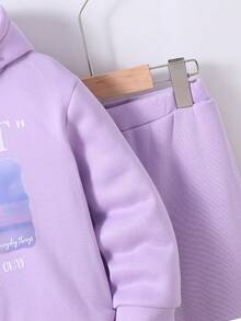 Young Girl Letter Printed Hooded Sweatshirt And Sports Pants, Keep Warm - Purple - View 5