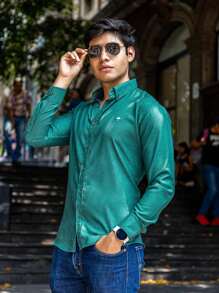 Camisa Hombre Casual Slim Fit Verde Lisa Texturizada - Blanco - Ver 3