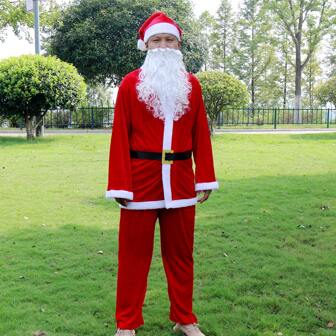5件套成人均码红色绒布圣诞老人服装，男士圣诞老人套装，包括外套、裤子、帽子、胡须、腰带，角色扮演吉祥物圣诞老人套装，适合派对装饰、生日、家居装饰、圣诞节装饰、房间装饰、冬季圣诞节装饰、家居圣诞礼物、圣诞装饰