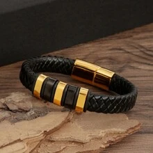 1pc Fashionable New Men Stainless Steel Bracelet With Pu Leather Handmade Woven Bracelet As Jewelry