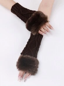 1pair Women's Coffee Colored Short Knitted Gloves With Exposed Fingertips, Winter Warm And Stylish - Coffee Brown - View 2