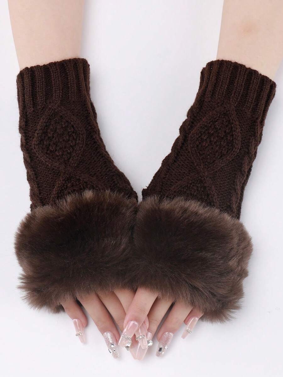 1pair Women's Coffee Colored Short Knitted Gloves With Exposed Fingertips, Winter Warm And Stylish - Coffee Brown - View 1