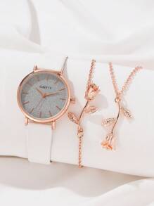 GAIETY 3入組女士休閒時尚pu皮革錶帶石英手錶,搭配玫瑰吊墜,金屬鍊手鐲和項鏈