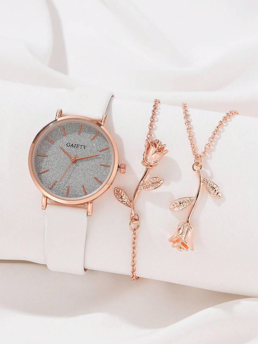 GAIETY 3入組女士休閒時尚pu皮革錶帶石英手錶,搭配玫瑰吊墜,金屬鍊手鐲和項鏈