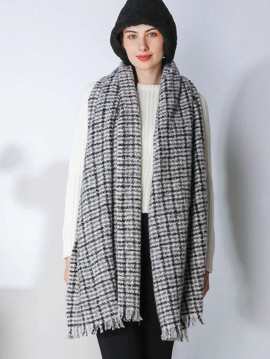 1pc Women's Multicolor Plaid & Stripe Pattern Scarf, Classic Versatile Accessory For Daily Wear - Grey - View 1