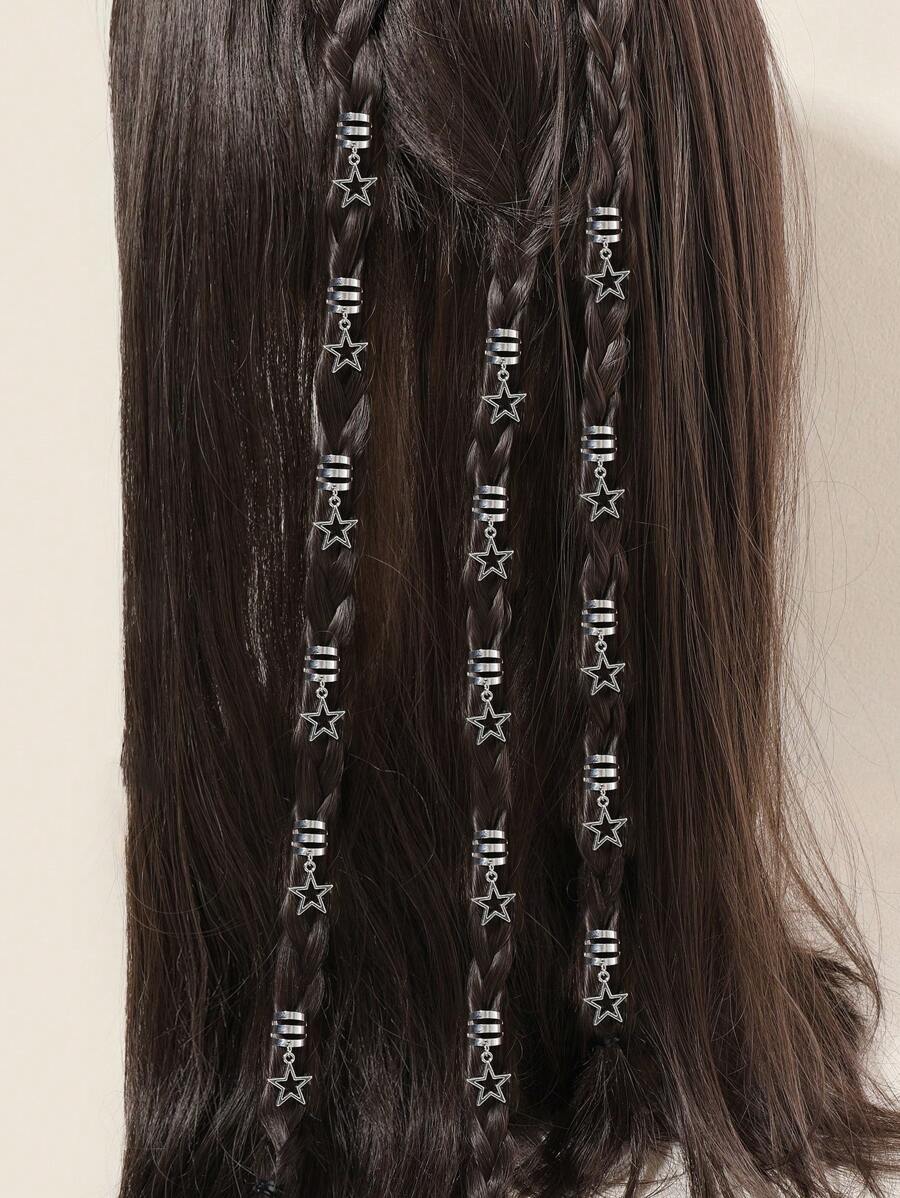10pcs Star Decor Metal Hair Ring,Dreadlocks Beads Hair Braid Rings Clips Dread Locks Hair Braiding Metal Cuffs Decoration/Accessories Jewelry, Unisex Boho - Silver - View 1