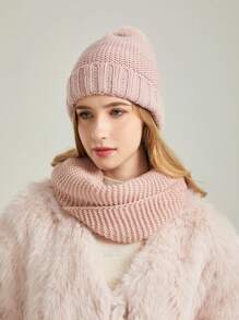 1pc Cute Pom Pom Knitted Hat And Scarf Set, Basic, Warm And Suitable For Travel And Outdoor Activities - Dusty Pink - View 3