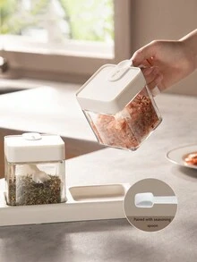 Dust-proof And Damp-proof Glass Condiment Jar With Single Hand Opening Lid, Spoon And Handle - Green - View 3