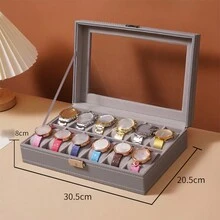 1pc Leather Watch Storage Case With Dustproof Glass Lid, Lockable Watch Box For Wristwatches & Jewelry - Grey - View 4
