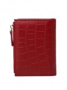MIYIN Vintage Crocodile Pattern Short Women's Wallet, Snap Flap Multi-Card Slot Card Holder, Side Zipper Coin Compartment, Multi-Card Slots With Transparent ID Window, Layered Storage For Cards, Coins And Bills, Macaron Solid Color + Animal Print Multiple Styles Available, Suitable For May Day, National Day Short Trips, Weekend Commute Daily Storage, Lightweight Compact Card Holder Wallet For Holiday Travel - Red - View 5
