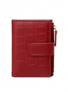 MIYIN Vintage Crocodile Pattern Short Women's Wallet, Snap Flap Multi-Card Slot Card Holder, Side Zipper Coin Compartment, Multi-Card Slots With Transparent ID Window, Layered Storage For Cards, Coins And Bills, Macaron Solid Color + Animal Print Multiple Styles Available, Suitable For May Day, National Day Short Trips, Weekend Commute Daily Storage, Lightweight Compact Card Holder Wallet For Holiday Travel - Red - View 4