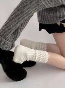 1pc Summer Plain Color JK Style Mid-Calf Length Socks, Thin Ruffle Socks, Versatile - White - View 6