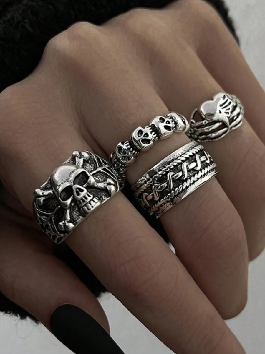 4pcs/set Punk Style Skull Head & Heart Shape Ring Set - Antique Silver - View 1