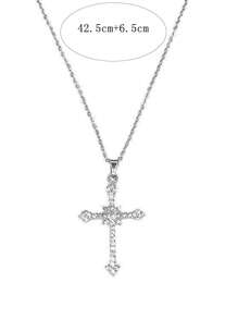 17KM 1pc Simple Rhinestone Decor Cross Pendant Necklace For Women, Perfect For Vacation, Dating And Daily Wear - Silver - View 4