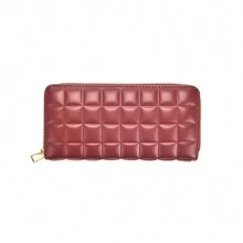 1pc Diamond Pattern Red Pu Long Zipper Wallet Suitable For Women's Daily Use, All Seasons - Red - View 1