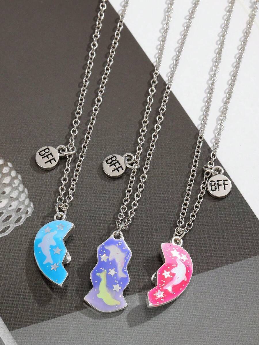 Juego De 3 Collar De Mejores Amigos Con Patrones De Delfín, Gota De Aceite Y Corazón, Perfecto Para Uso Diario - Multicolor - Ver 1