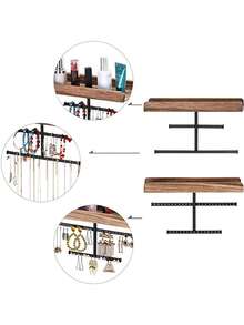 2組水晶珠寶掛式掛飾掛在粗糙的木製牆上收納項鍊、手鍊、耳環、戒指和化妝品,化妝品收納架