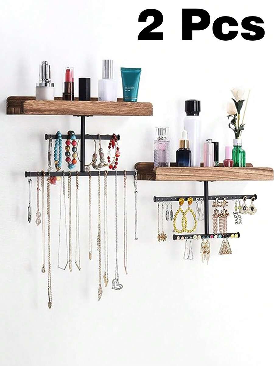 2組水晶珠寶掛式掛飾掛在粗糙的木製牆上收納項鍊、手鍊、耳環、戒指和化妝品,化妝品收納架