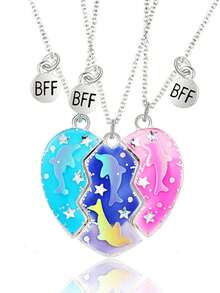 Juego De 3 Collar De Mejores Amigos Con Patrones De Delfín, Gota De Aceite Y Corazón, Perfecto Para Uso Diario - Multicolor - Ver 4