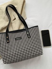 Tartan Large Capacity Laptop Tote Bag, Simple Casual Shoulder Bag Women's Versatile Fashion Portable Handbag & Purse For Commuting & Going Out, Vintage Style Bucket Bags Stylish Hobo Mommy Bag Top-Handle Satchel For Daily Use - Black - View 6