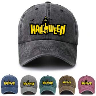 1頂男女洗水牛仔布棒球帽，時尚萬聖節棒球帽經典嘻哈帽印刷運動戶外帽