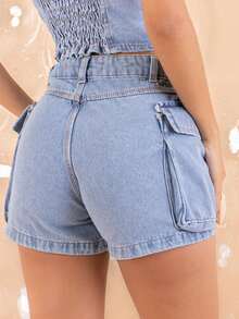Women Denim Shorts - 淺色水洗藍 - 查看 5