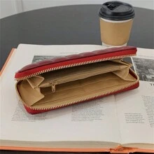 1pc Diamond Pattern Red Pu Long Zipper Wallet Suitable For Women's Daily Use, All Seasons - Red - View 2