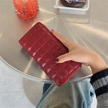 1pc Diamond Pattern Red Pu Long Zipper Wallet Suitable For Women's Daily Use, All Seasons - Red - View 5