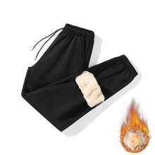 男士秋季休闲运动裤紧身慢跑裤带保暖内衬，抓绒材质，冬季款 - 黑色 - 查看 2