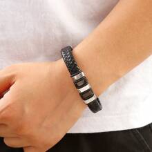 1pc Fashionable New Men Stainless Steel Bracelet With Pu Leather Handmade Woven Bracelet As Jewelry