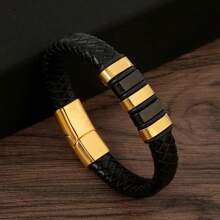 1pc Fashionable New Men Stainless Steel Bracelet With Pu Leather Handmade Woven Bracelet As Jewelry
