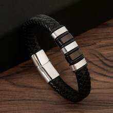 1pc Fashionable New Men Stainless Steel Bracelet With Pu Leather Handmade Woven Bracelet As Jewelry