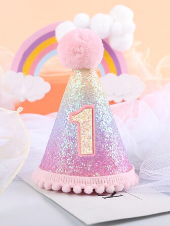 1 Pieza Gorro De Fiesta De Cumpleaños Para Mascotas Con Diseño De Corona Y Pompones De Lentejuelas Del Arco Iris Brillantes, Rosa