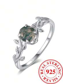 1個天然苔玉戒指925純銀綠色苔玉戒指,承諾戒指訂婚婚禮珠寶禮物女士