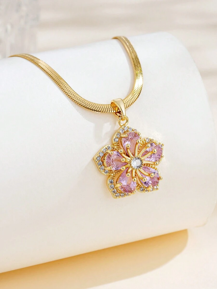 1pc Gold Stainless Steel Gold-Plated Cubic Zirconia Pink Sakura Flower Creative Design Pendant Necklace, Elegant French Sweet Romantic Style, Korean Fashion Minimalist Vintage Versatile For Women, Suitable For Street, Daily, Holiday, Party - Yellow Gold - View 1