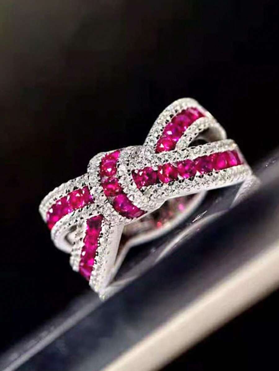 1 件优雅方晶锆石戒指，适合女士婚礼订婚派对珠宝情人节礼物、妈妈、母亲、母亲节、礼物 - 玫紅色 - 查看 1