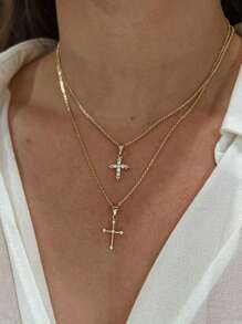 17KM 1pc Rhinestone Cross Pendant Necklace For Women, Holiday & Date - Yellow Gold - View 1