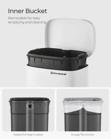 SONGMICS Trash Can With Lid, Waste Bin, 8 Gallon/ 30L Garbage Can, Stainless Steel Small Waste Bin With Step Pedal And Inner Bucket, Soft Close, Kitchen, 13.8"L X 10"W X 25"H, Black, White - 白色 - 查看 6