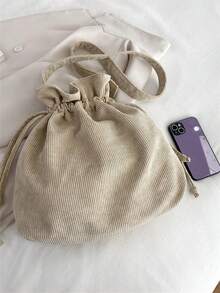 1只純色束口細節女士肩袋 - 米色 - 查看 3