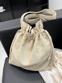 1只純色束口細節女士肩袋 - 米色 - 查看 2